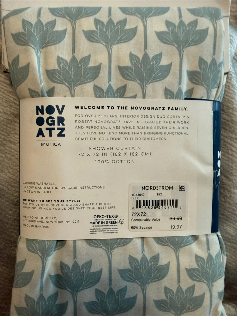 Novogratz By Utica Blue Floral Cotton Shower Curtain - cotton